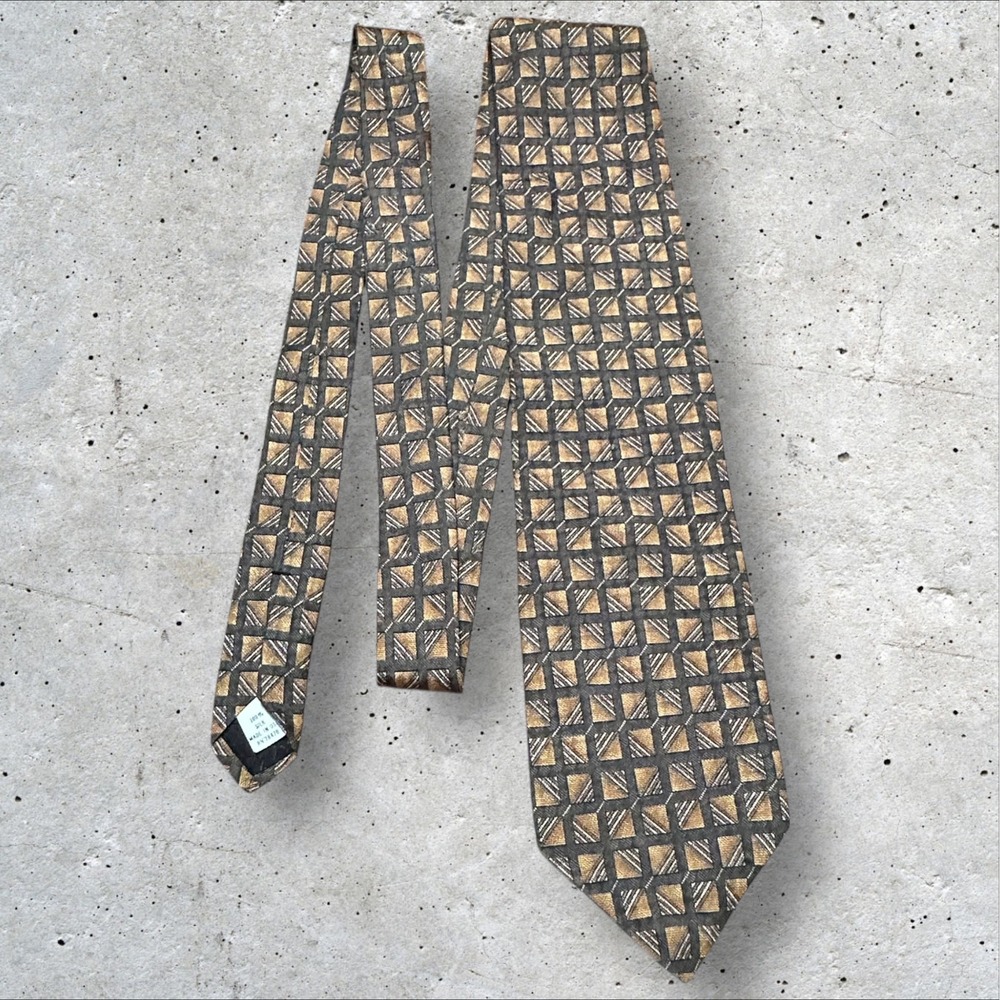 Woodward Silk Tie Brown Gold Geometric Square Pattern USA Made Necktie‎